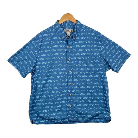 Duluth Trading Company Blue Fish Print Relaxed Fit Short Button Down Shirt Sz XL - Picture 1 of 6
